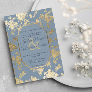 Eleganter Stil Dusty Blue Gold Floral Wedding Einladung
