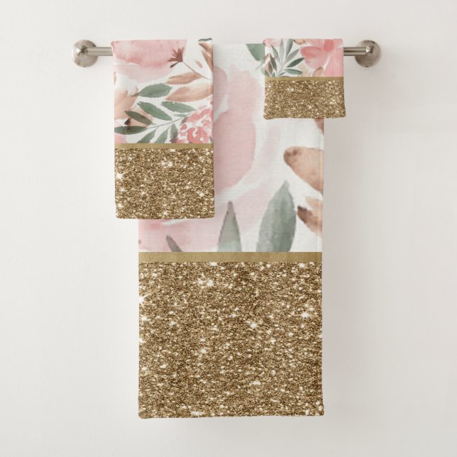 Eleganter Stilftiger Floral Gold Glitzer Shiny Badhandtuch Set (Insitu)