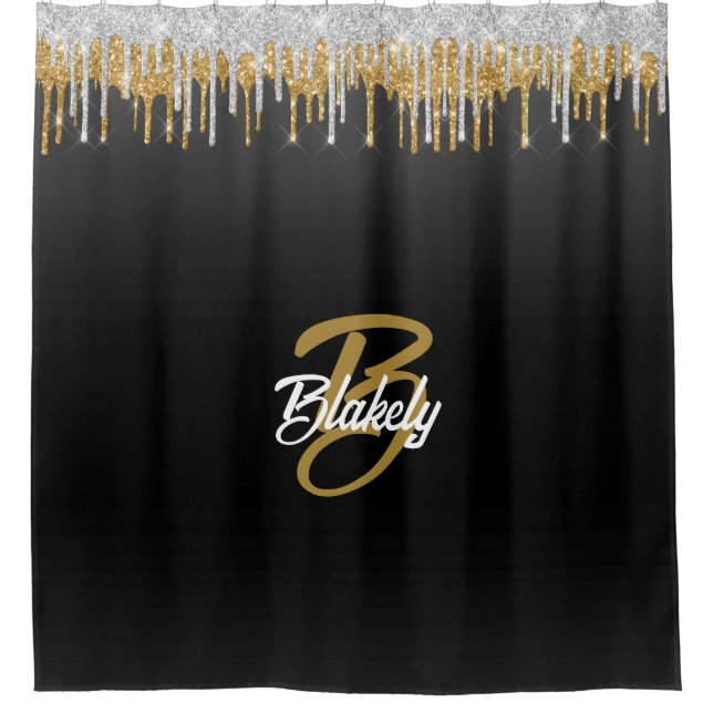 Eleganter, stilvoller Black & Gold Glitzer Mit Mon Duschvorhang (Vorderseite)