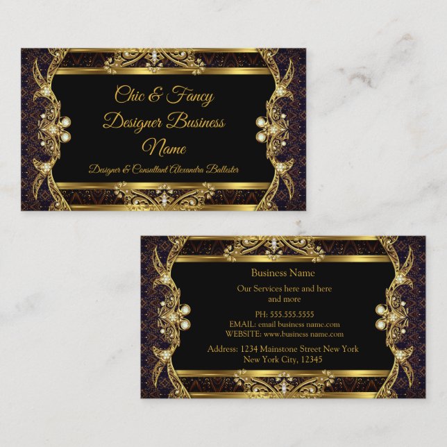 Eleganter, stilvoller Gold Black Brocade Designer Visitenkarte (Vorne/Hinten)