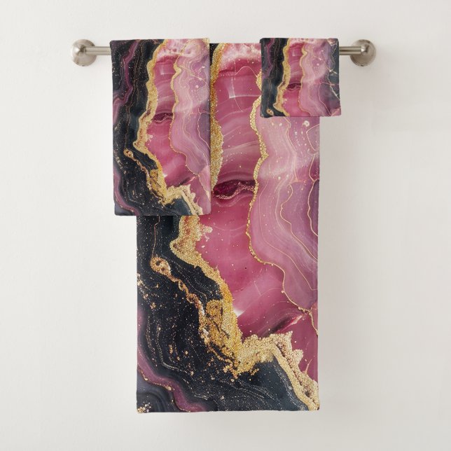 Eleganter, stilvoller Gold Glitzer Black Burgundy  Badhandtuch Set (Insitu)