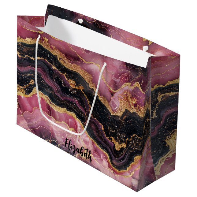 Eleganter, stilvoller Gold Glitzer Black Burgundy  Große Geschenktüte (Vorderseite Schrägansicht)