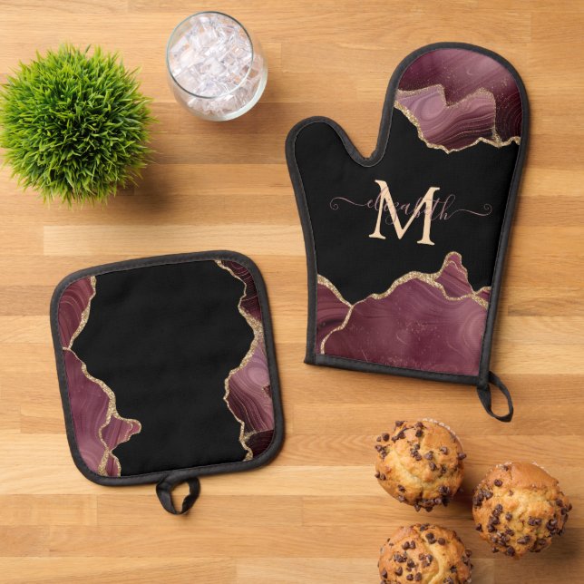 Eleganter, stilvoller Gold Glitzer Burgundy Agate Ofenhandschuh & Topflappen-Set (Oben Unten)