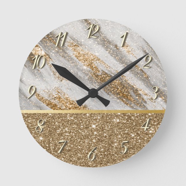 Eleganter, stilvoller Gold Glitzer Shiny Runde Wanduhr (Vorderseite)