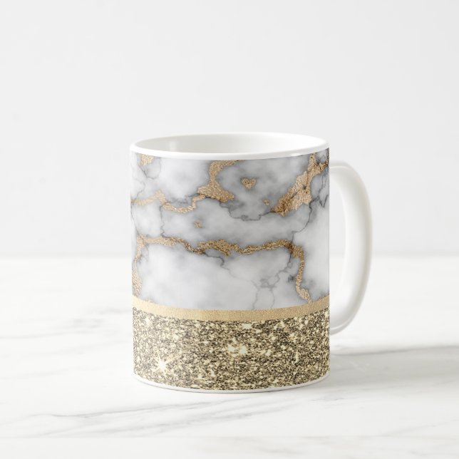 Eleganter, stilvoller Gold Glitzer Shiny White Mar Kaffeetasse (VorderseiteRechts)