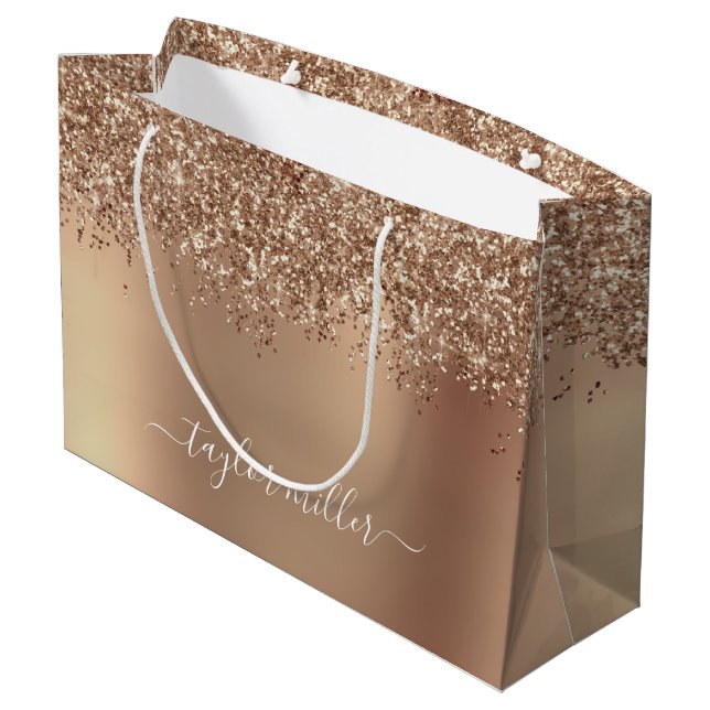 Eleganter stilvoller Kupfergold-Glitzer aus Rose Große Geschenktüte (Rückseite Schrägansicht)