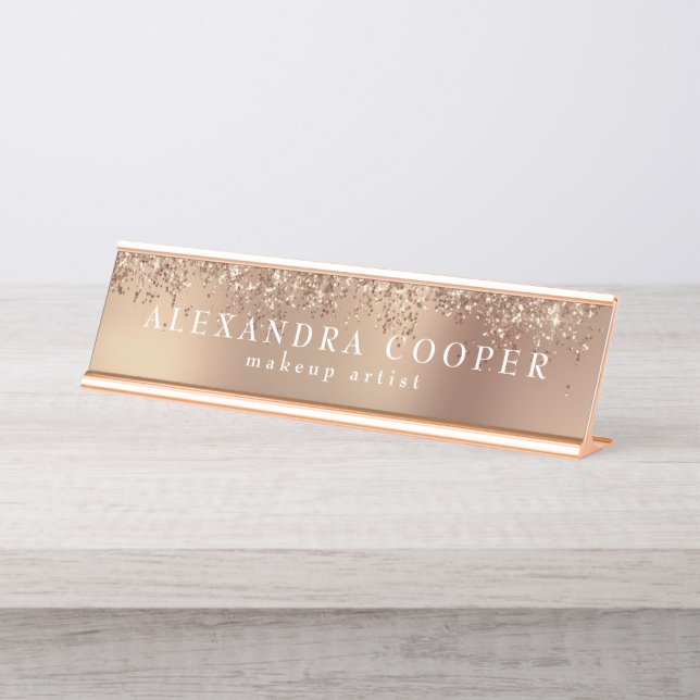 Eleganter, stilvoller Rose Gold Glitzer Makeup Kün Schreibtischnamensplakette (Vorderseite )