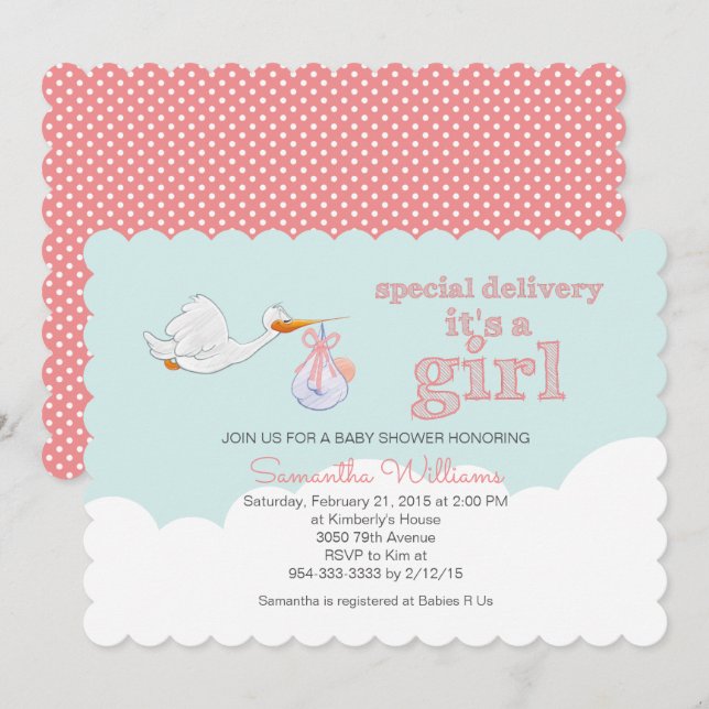 Eleganter Storch Carry Baby CLOUD MIRL BABY SHOWER Einladung (Vorne/Hinten)