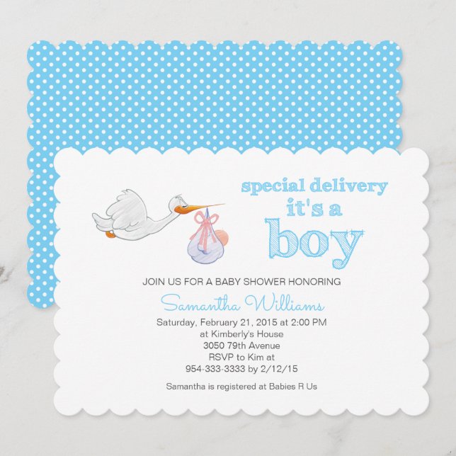 Eleganter Stork Carry Baby BABY SHOWER Einladung (Vorne/Hinten)