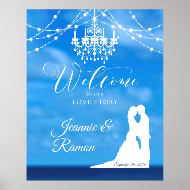 Eleganter Strand, Couple & Chandelier Begrüßungsze Poster (Vorne)