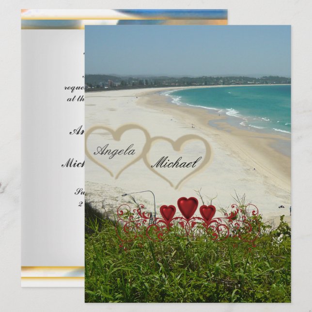 Eleganter Strand Hochzeit Einladung Rote Herzen (Vorne/Hinten)
