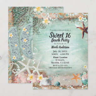 Eleganter Strand Seestern & Perlen Sweet 16 Foto Einladung
