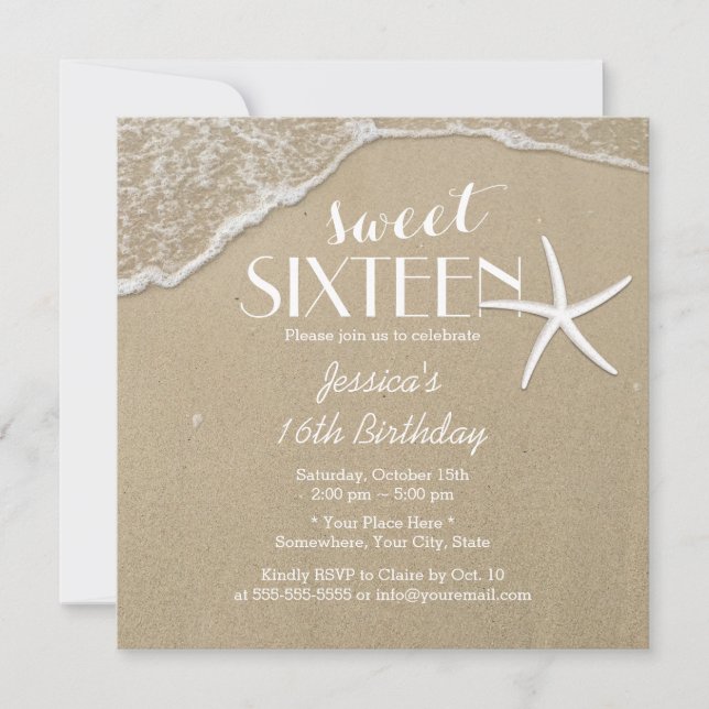 Eleganter Strand & Starfish 16 . Geburtstag Einladung (Vorderseite)