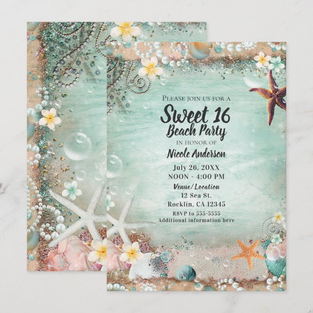 Eleganter Strandseeufel & Perlen Sweet 16 Foto Einladung (Vorne/Hinten)