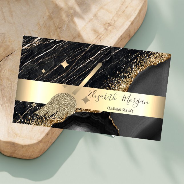 Eleganter Streifen Black Marble Gold Sequins Broom Visitenkarte (Von Creator hochgeladen)
