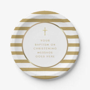 Eleganter Streifen Gold Kreuz Taufe Taufnachricht Pappteller