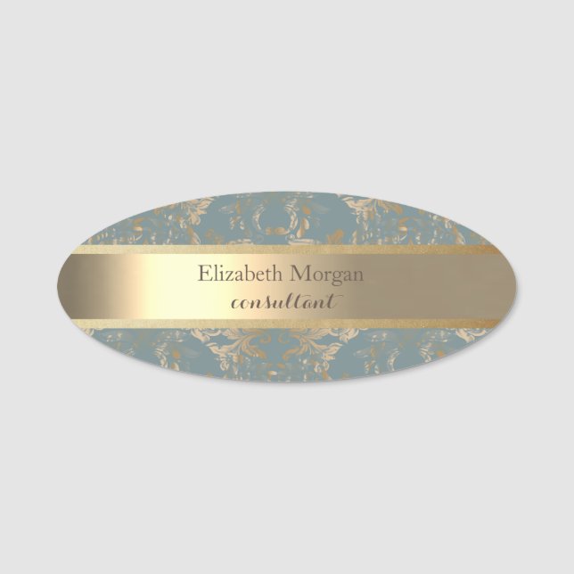 Eleganter, stylischer Goldrand Vintag Damask Namensschild (Vorderseite)