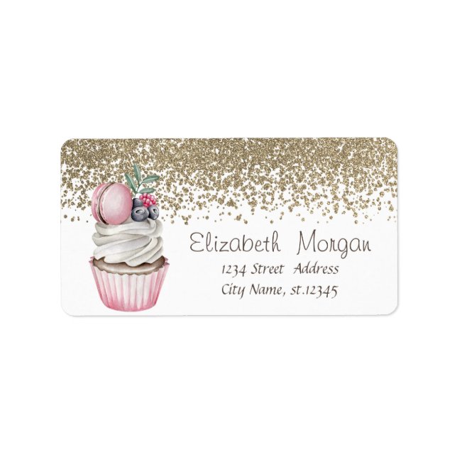 Eleganter Stylish Gold Diamonds Cupcake Macaron Adressaufkleber (Vorne)