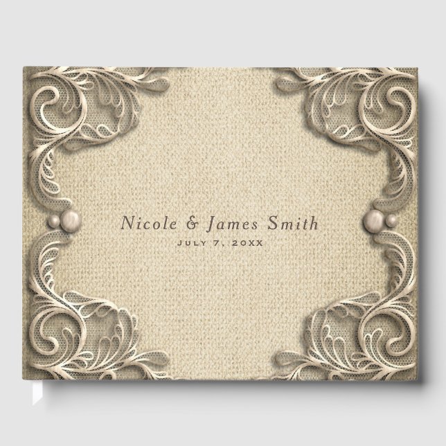 Eleganter Südcharme Rustic Burlap Lace Wedding Gästebuch (Vorderseite)
