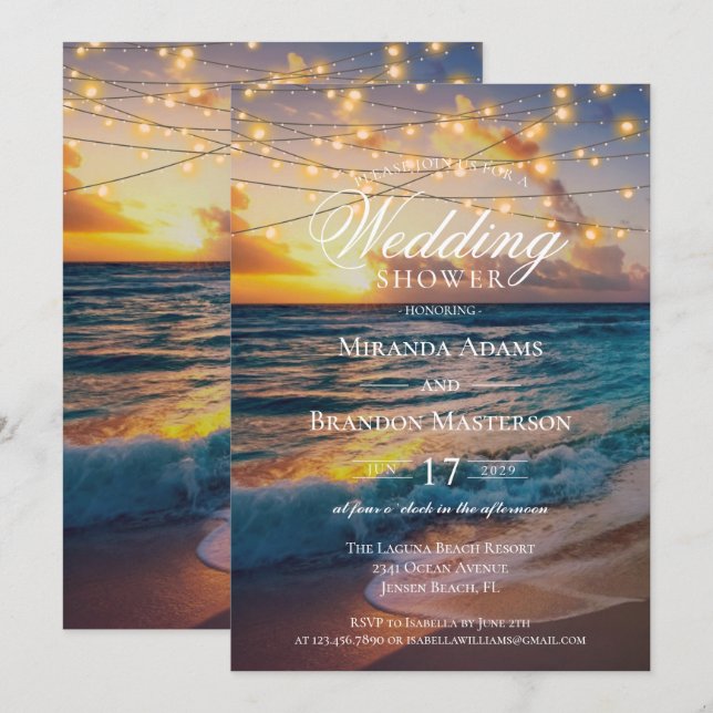 Eleganter Sunset Beach Summer Polterabend Einladung (Vorne/Hinten)