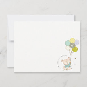Eleganter Süßer Blauer Bär Ballon Jungen Monogramm Mitteilungskarte