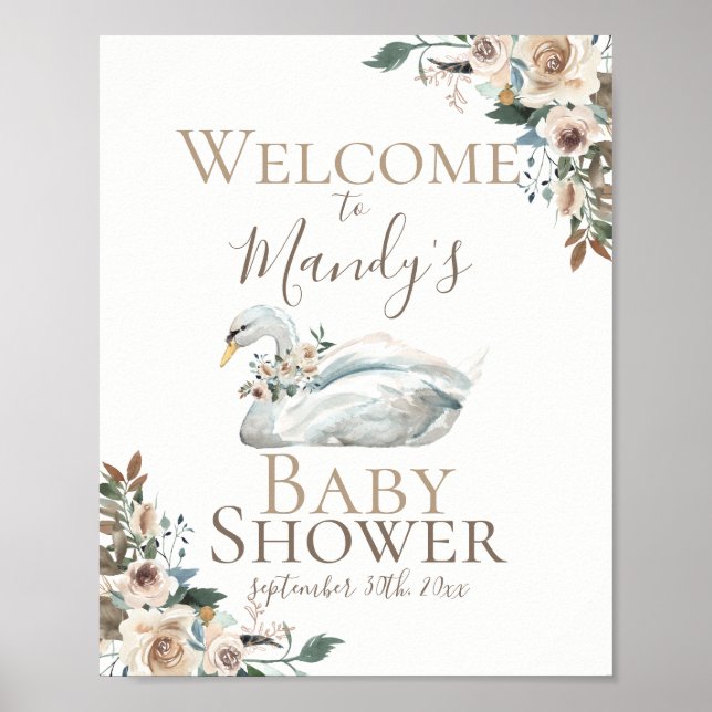 Eleganter Swan Floral Neutral Baby Shower Willkomm Poster (Vorne)