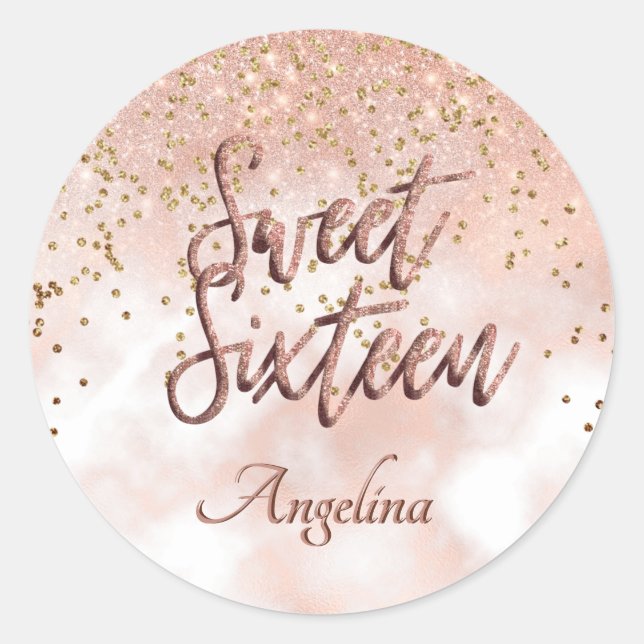 Eleganter Sweet 16 Rose Blush Pink Gold Glitzer Runder Aufkleber (Vorderseite)