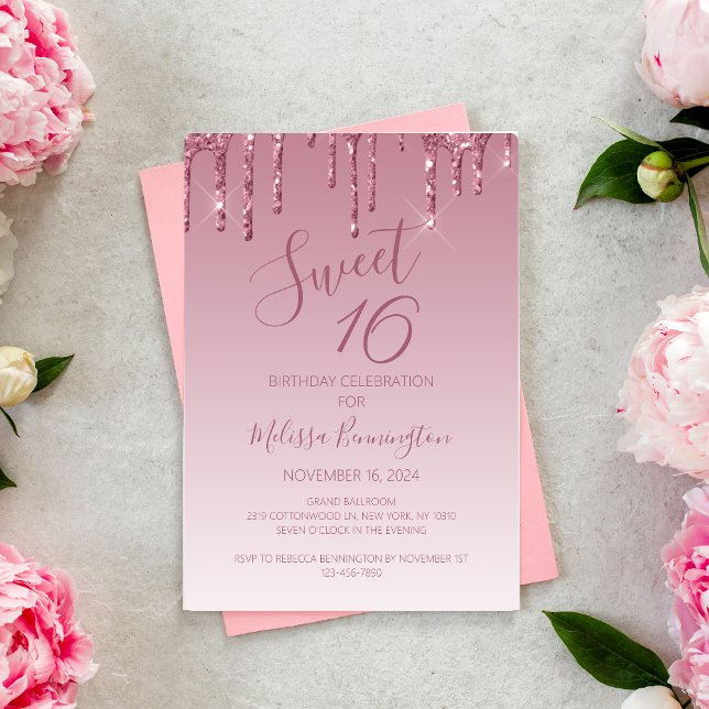 Eleganter Sweet 16 Rose Gold Pink Dripping Glitzer Einladung (Von Creator hochgeladen)