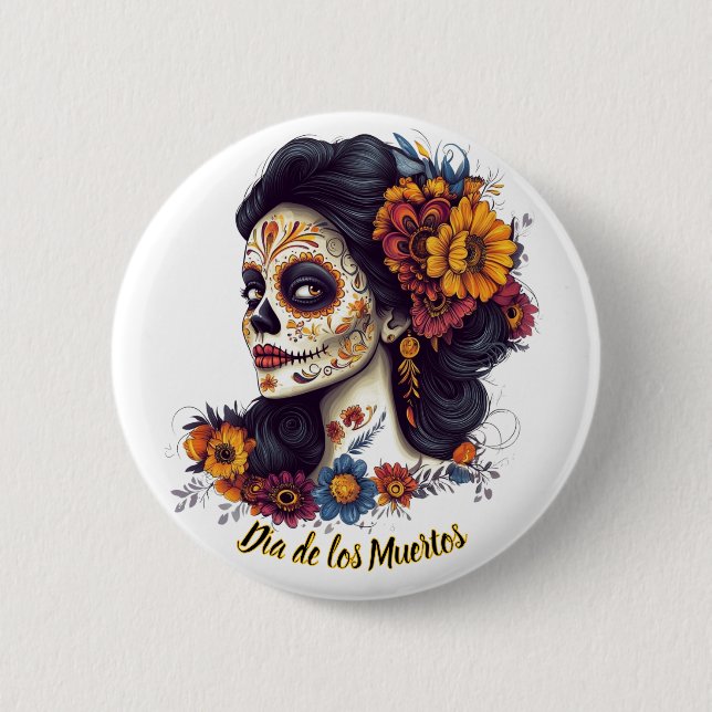 Eleganter Tag der Toten Schädelfrau Button (Vorderseite)