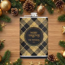 Eleganter Tartan Black Gold Glitzer Flachmann