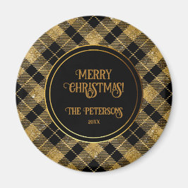Eleganter Tartan Black Gold Glitzer Magnet