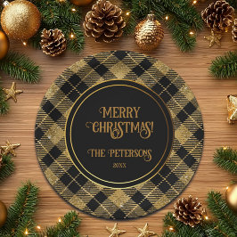 Eleganter Tartan Black Gold Glitzer Pappteller