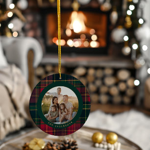 Eleganter Tartan-Karo Frohe Weihnachten Familienna Keramik Ornament