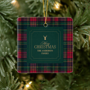 Eleganter Tartan-Karo Frohe Weihnachten Familienna Keramikornament