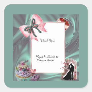 Eleganter Teal-Satin- und Blush-Schleifenaufkleber Quadratischer Aufkleber