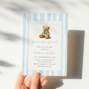 Eleganter Teddybär-Baby-Party mit blauen Streifen Einladung