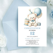 Eleganter Teddybär blaue Luftballons Junge Geburts