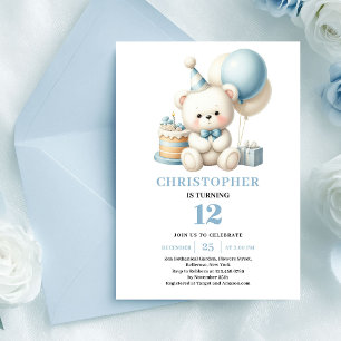 Eleganter Teddybär blaue Luftballons Junge Geburts Einladung