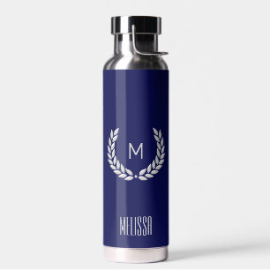 Eleganter Text, Monogramm und Silberlaurel Wreath Trinkflasche