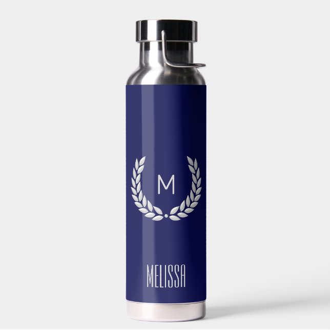 Eleganter Text, Monogramm und Silberlaurel Wreath Trinkflasche (Links)