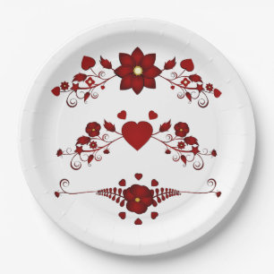 Eleganter tiefer roter Blumenschwung Pappteller