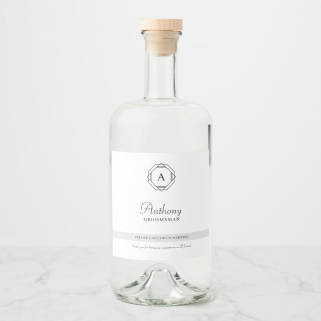 Eleganter Trauzeuge Monogram Alkoholflaschenetikett (Vorderseite)