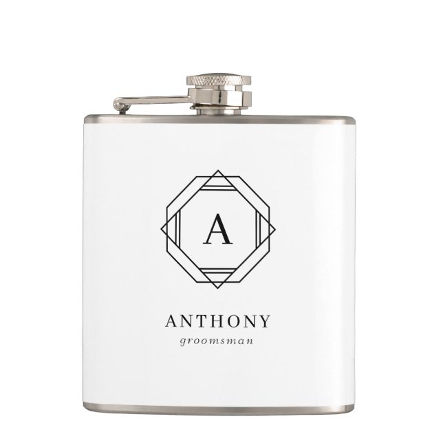 Eleganter Trauzeuge Monogram Vinyl Wrapped Flask Flachmann (Vorderseite)