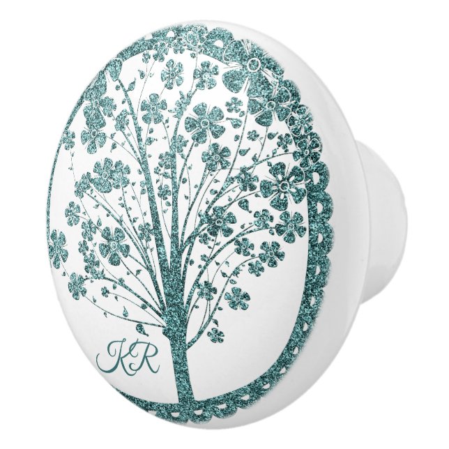 Eleganter Tree of Life Blue Glitzer Yoga Monogramm Keramikknauf (Rechts)