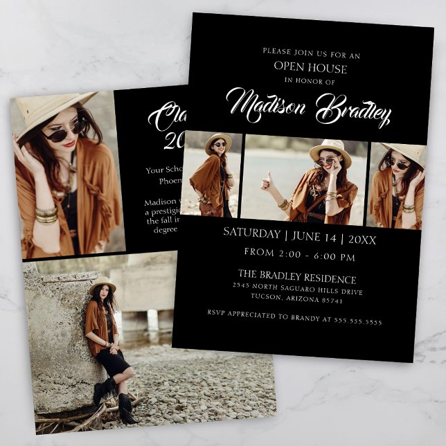 Eleganter Trendy 5 Foto Chic Abschluss Einladung (Modern Photo Collage Graduation Invitation for Open House with Elegant Script and Trendy Typography)