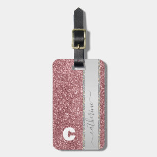 Eleganter Trendy Pink Strip Glitzer Mit Monogramm Gepäckanhänger
