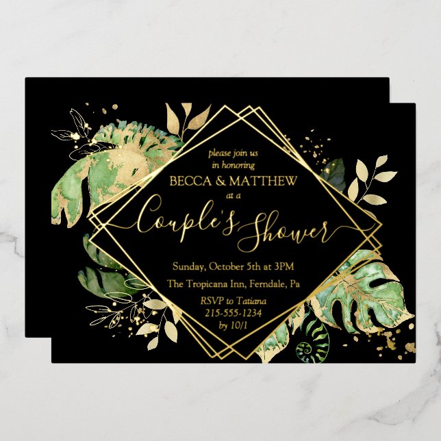 Eleganter Tropical Couple's Shower Black & Gold Fo Folieneinladung (Vorderseite/Rückseite)