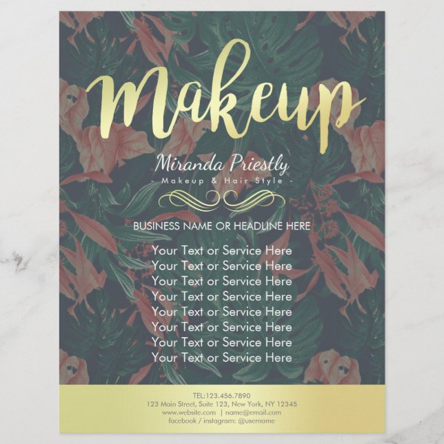 Eleganter Tropical Floral Gold Script Makeup Salon Flyer (Vorne)