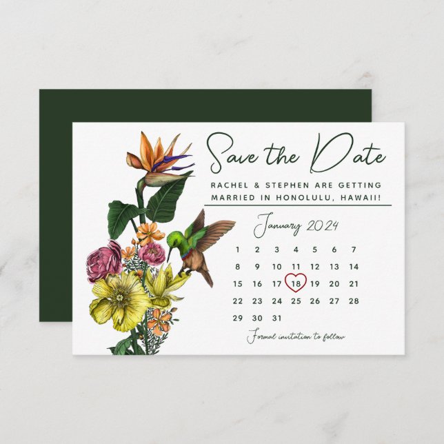 Eleganter tropischer Blumenkalender Save the Date (Vorne/Hinten)