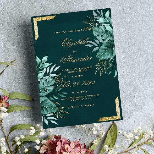 Eleganter tropischer Glitzer Einladung (Elegant tropical green gold glitter floral wedding)